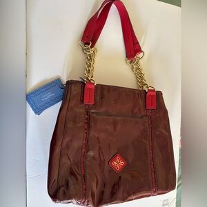 Simply Vera Vera Wang Brown and Red Shoulder Bag with Gold Chain Accents